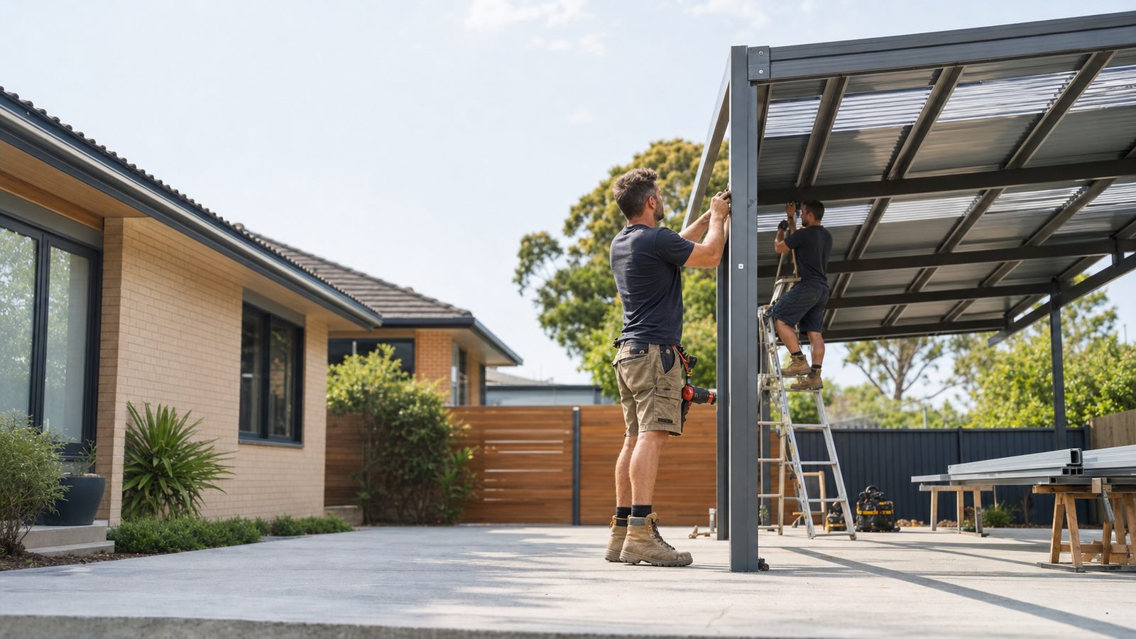 Illustrative metal outdoor roof frame beside a brick home