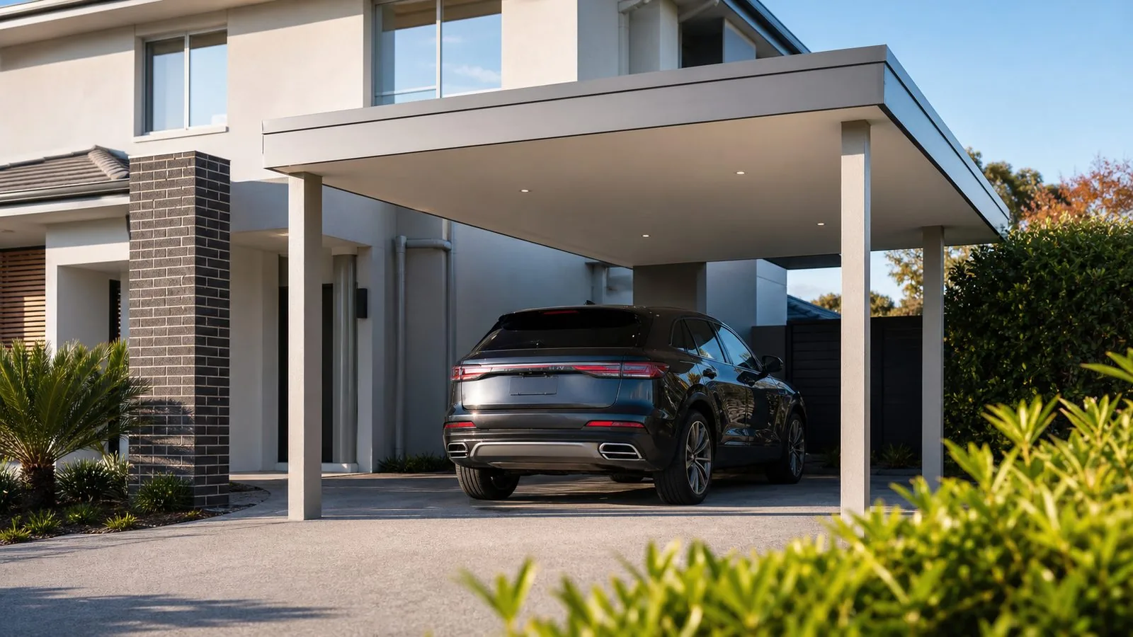 Illustrative carport with a parked car and open access beside its support posts